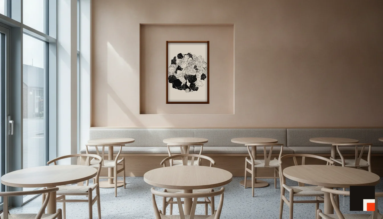 A Lumen & Logic artwork hanging in a Restaurant hotel interior — Dining room · Copenhagen
