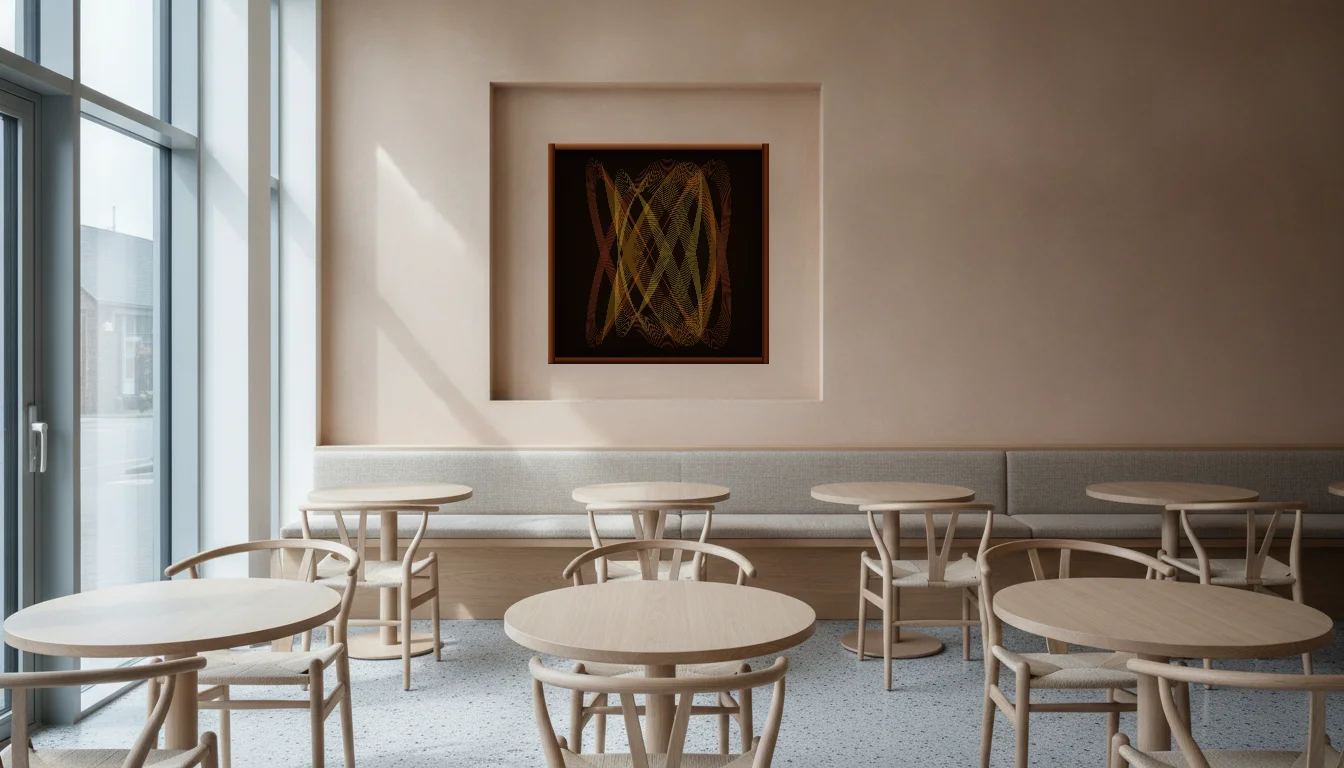 A Lumen & Logic artwork hanging in a Restaurant hotel interior — Dining room · Copenhagen