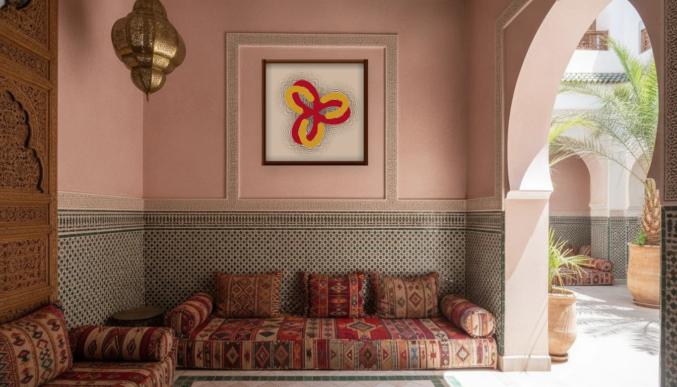 A Lumen & Logic artwork hanging in a Riad hotel interior — Courtyard salon · Marrakech