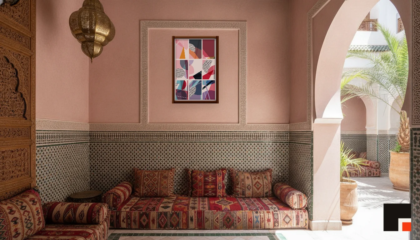A Lumen & Logic artwork hanging in a Riad hotel interior — Courtyard salon · Marrakech