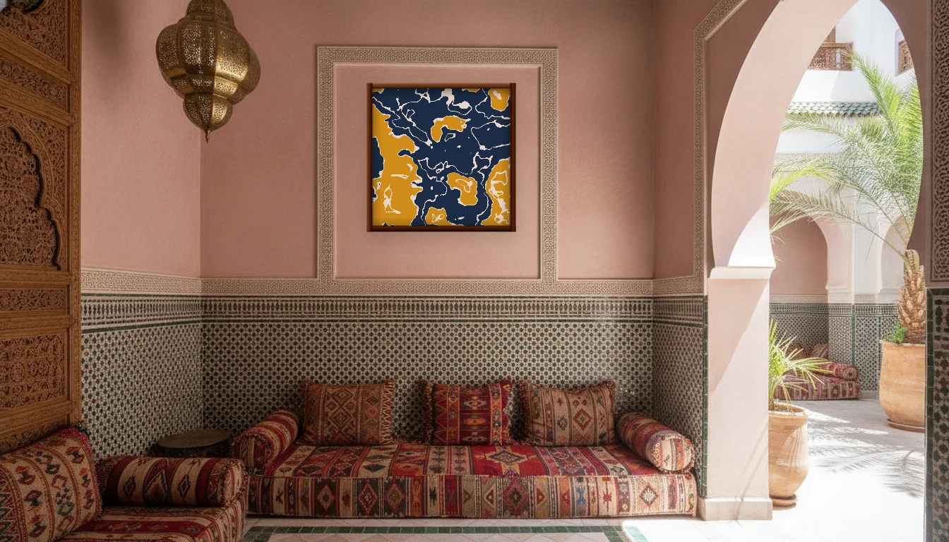 A Lumen & Logic artwork hanging in a Riad hotel interior — Courtyard salon · Marrakech