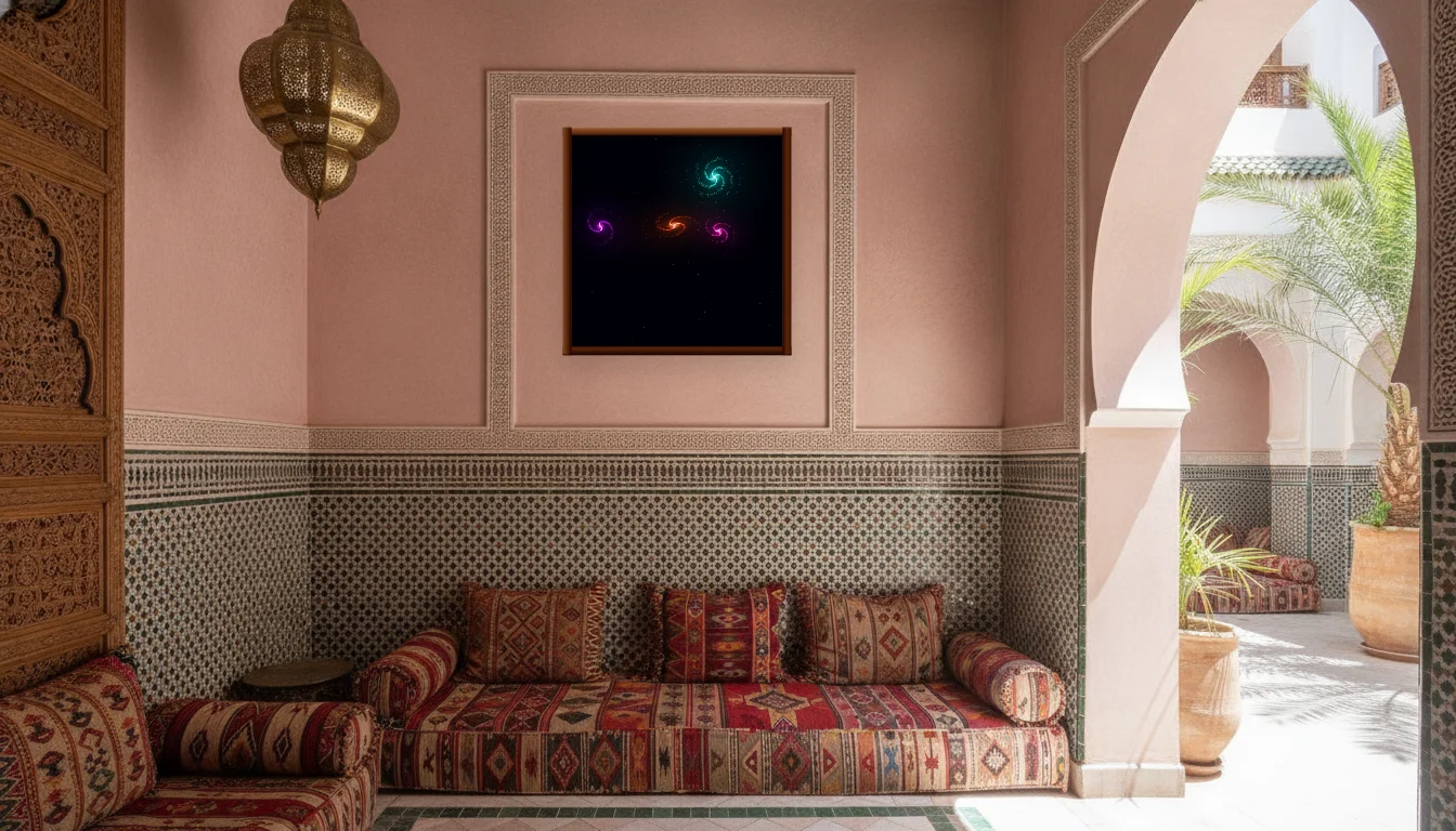 A Lumen & Logic artwork hanging in a Riad hotel interior — Courtyard salon · Marrakech