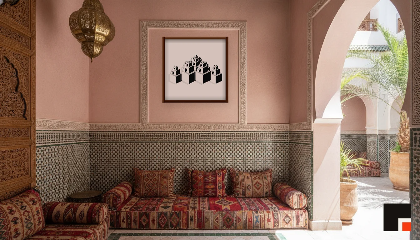 A Lumen & Logic artwork hanging in a Riad hotel interior — Courtyard salon · Marrakech