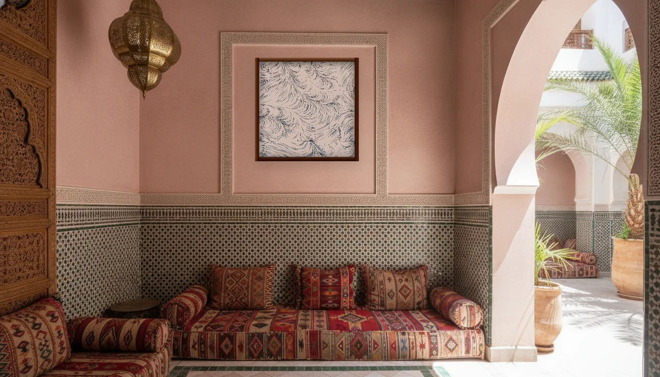 A Lumen & Logic artwork hanging in a Riad hotel interior — Courtyard salon · Marrakech