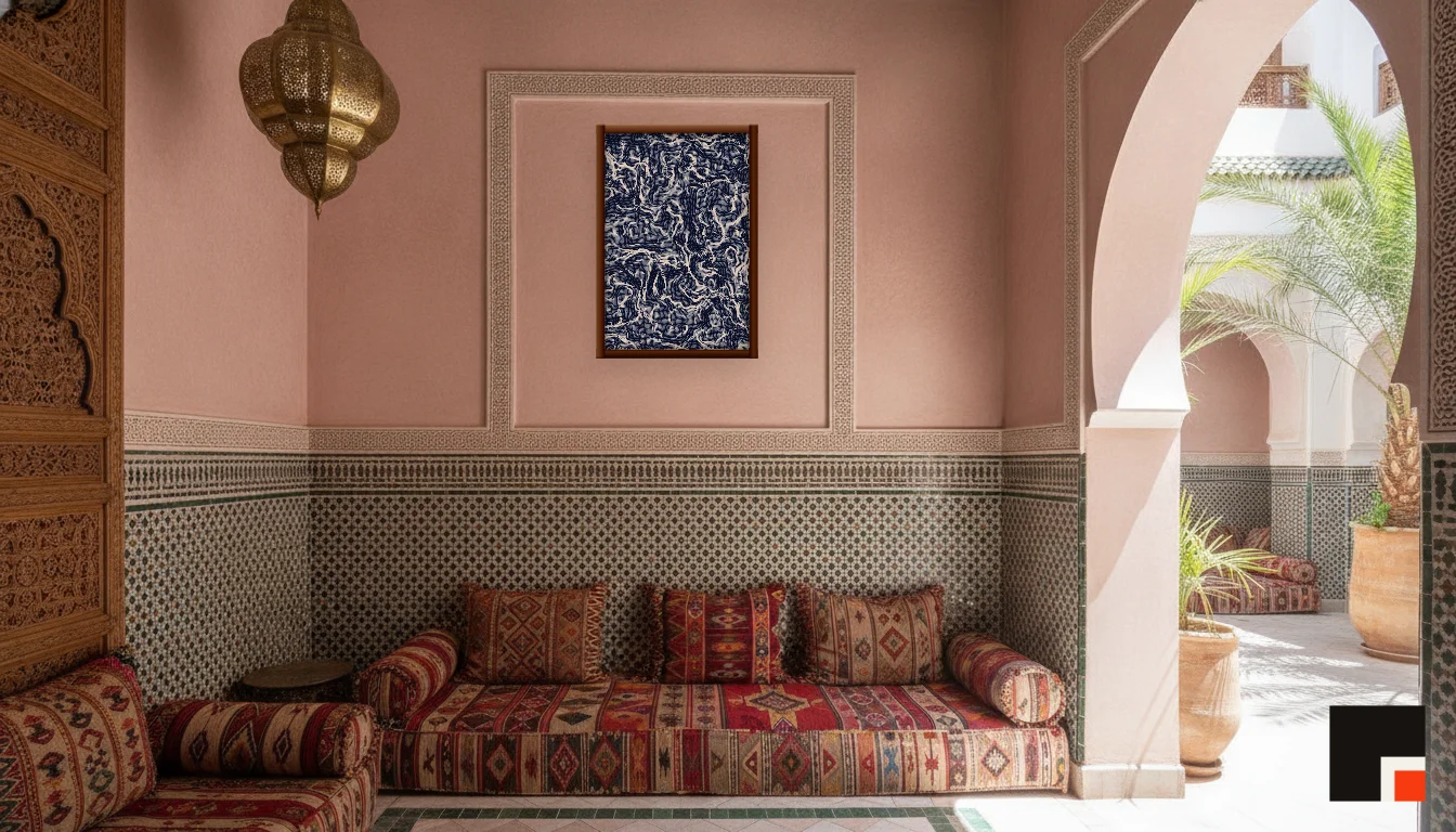 A Lumen & Logic artwork hanging in a Riad hotel interior — Courtyard salon · Marrakech