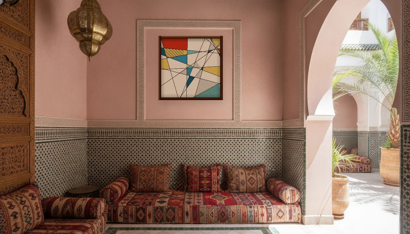 A Lumen & Logic artwork hanging in a Riad hotel interior — Courtyard salon · Marrakech