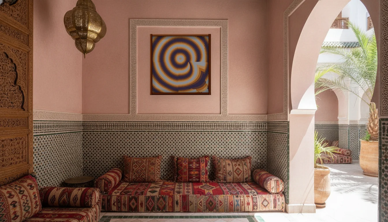 A Lumen & Logic artwork hanging in a Riad hotel interior — Courtyard salon · Marrakech