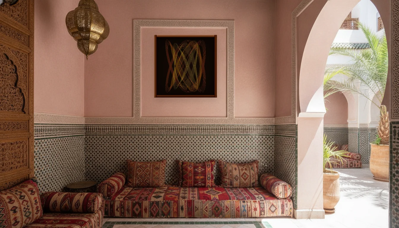 A Lumen & Logic artwork hanging in a Riad hotel interior — Courtyard salon · Marrakech