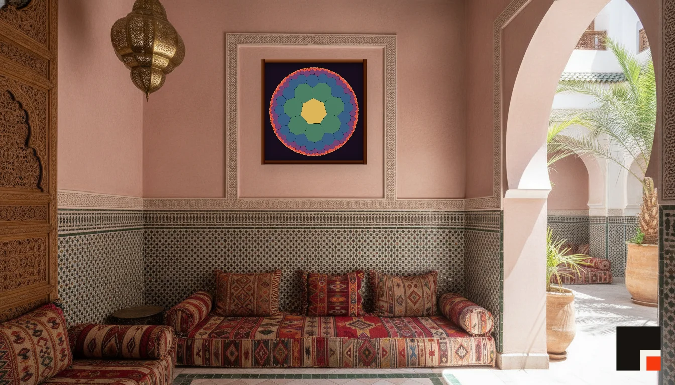A Lumen & Logic artwork hanging in a Riad hotel interior — Courtyard salon · Marrakech