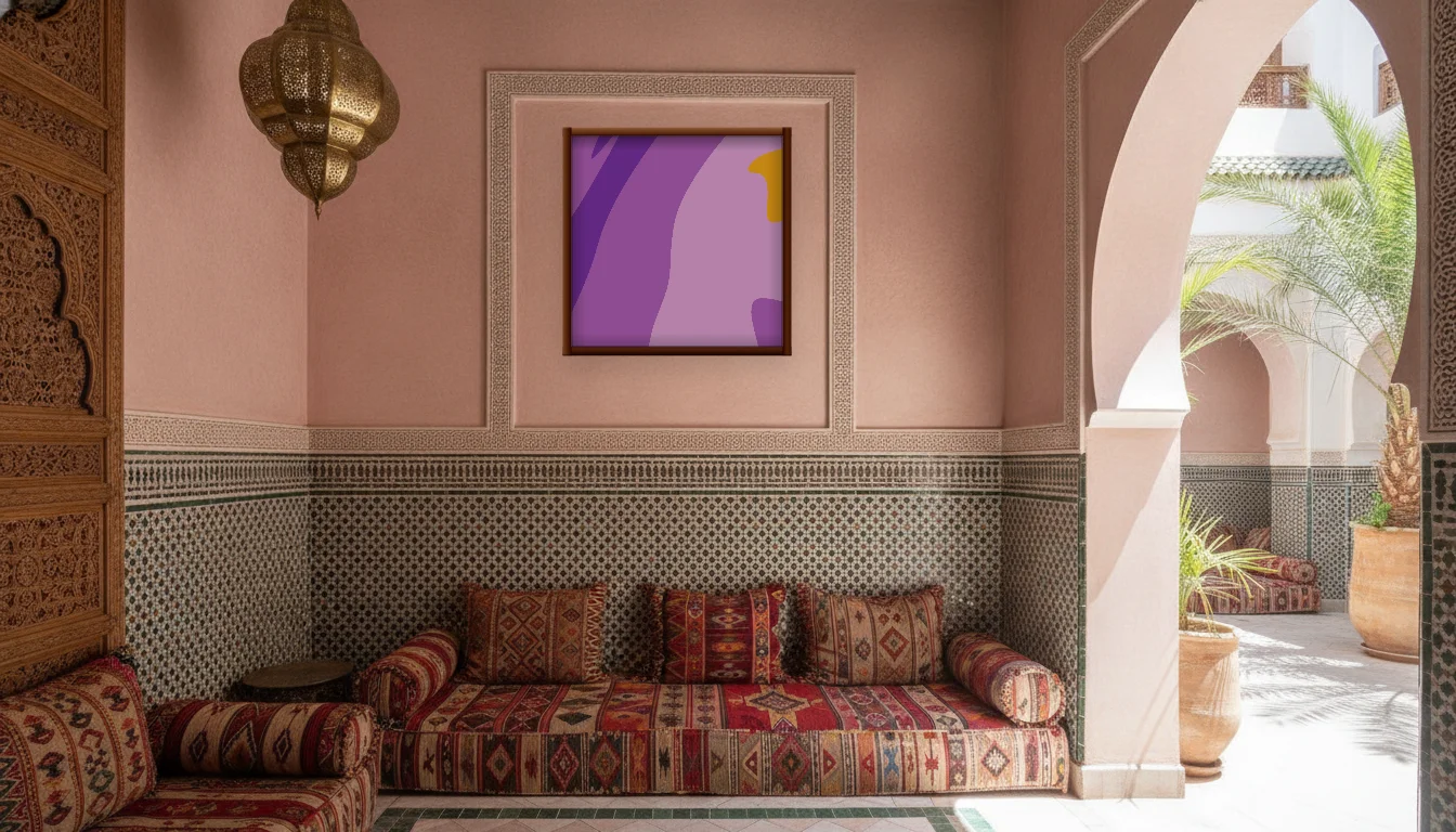 A Lumen & Logic artwork hanging in a Riad hotel interior — Courtyard salon · Marrakech