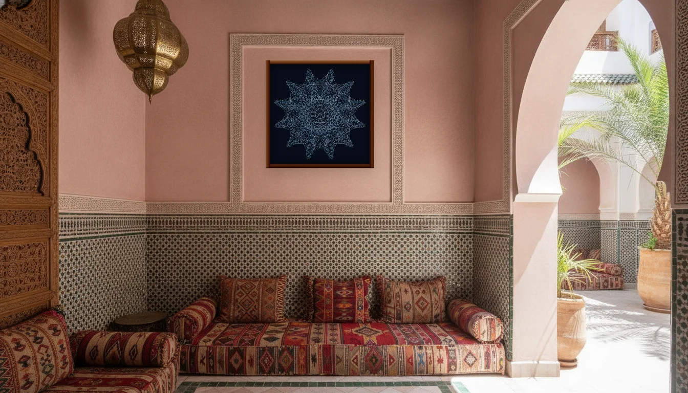 A Lumen & Logic artwork hanging in a Riad hotel interior — Courtyard salon · Marrakech