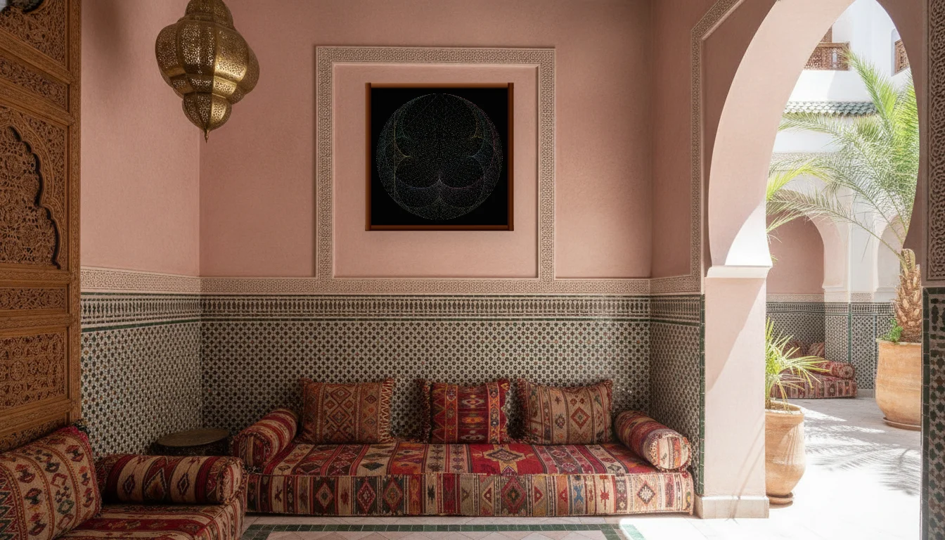 A Lumen & Logic artwork hanging in a Riad hotel interior — Courtyard salon · Marrakech