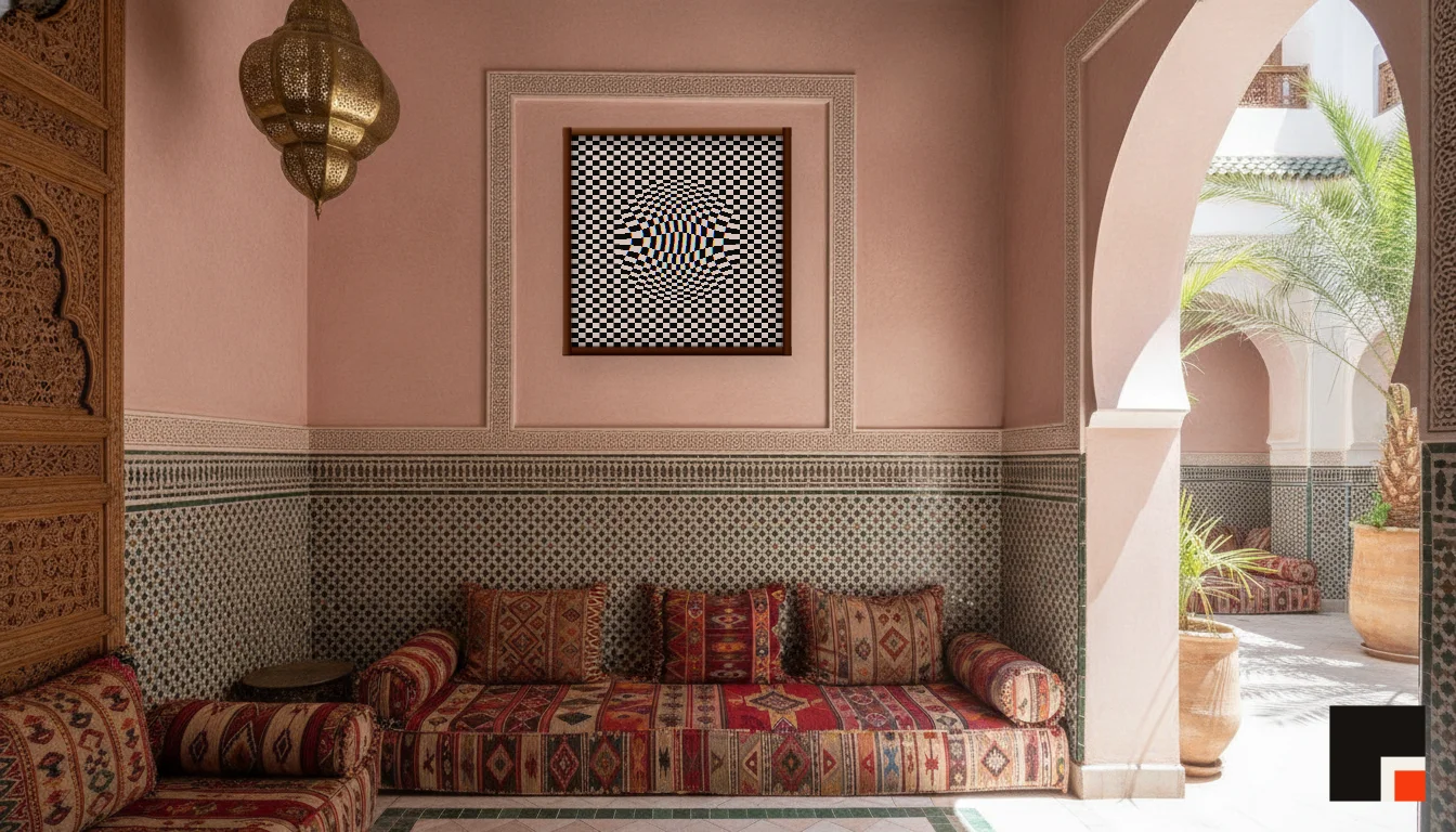 A Lumen & Logic artwork hanging in a Riad hotel interior — Courtyard salon · Marrakech