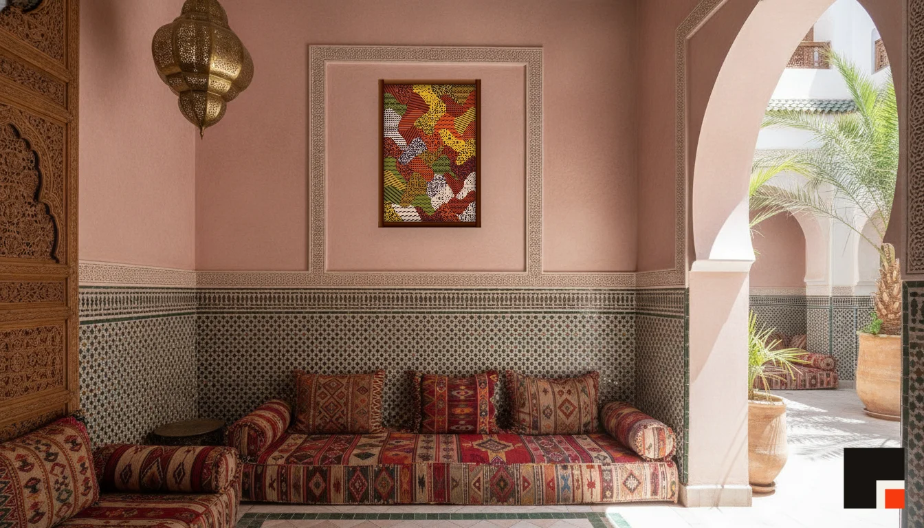 A Lumen & Logic artwork hanging in a Riad hotel interior — Courtyard salon · Marrakech
