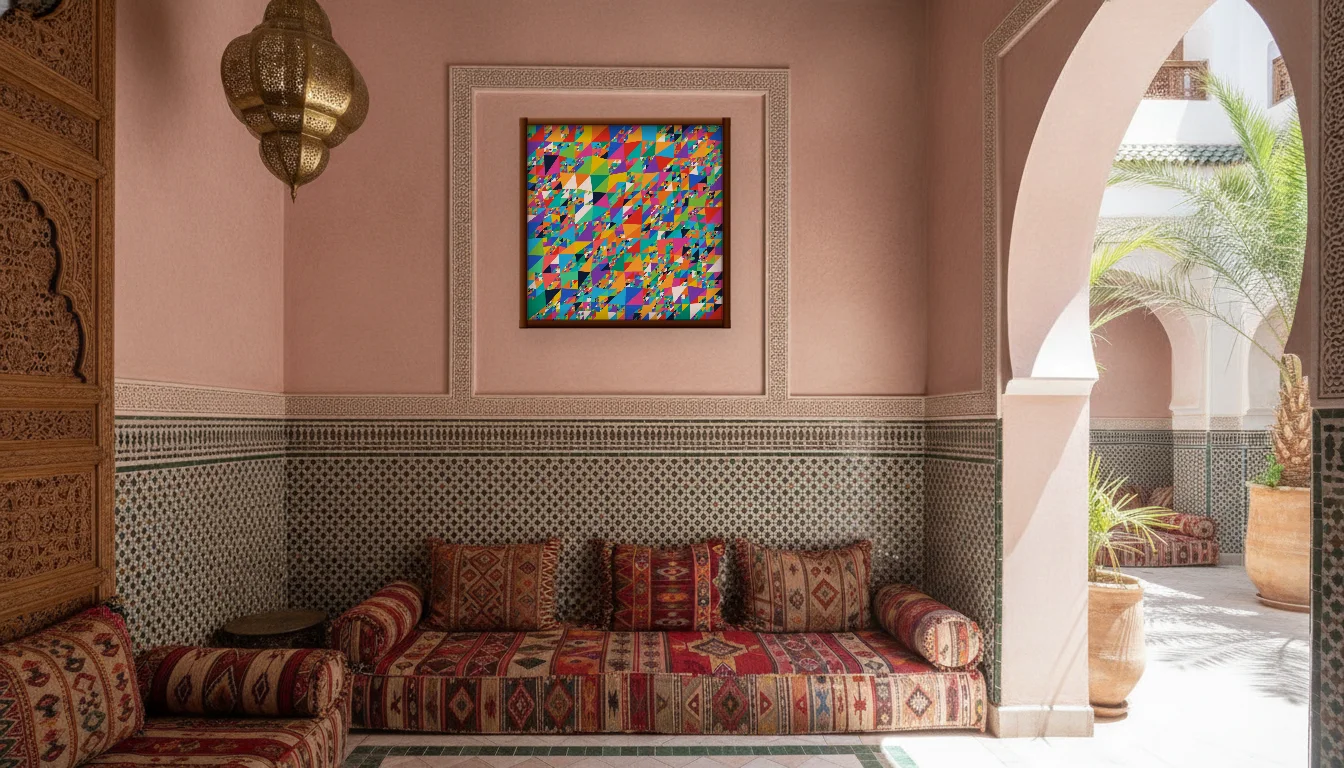 A Lumen & Logic artwork hanging in a Riad hotel interior — Courtyard salon · Marrakech