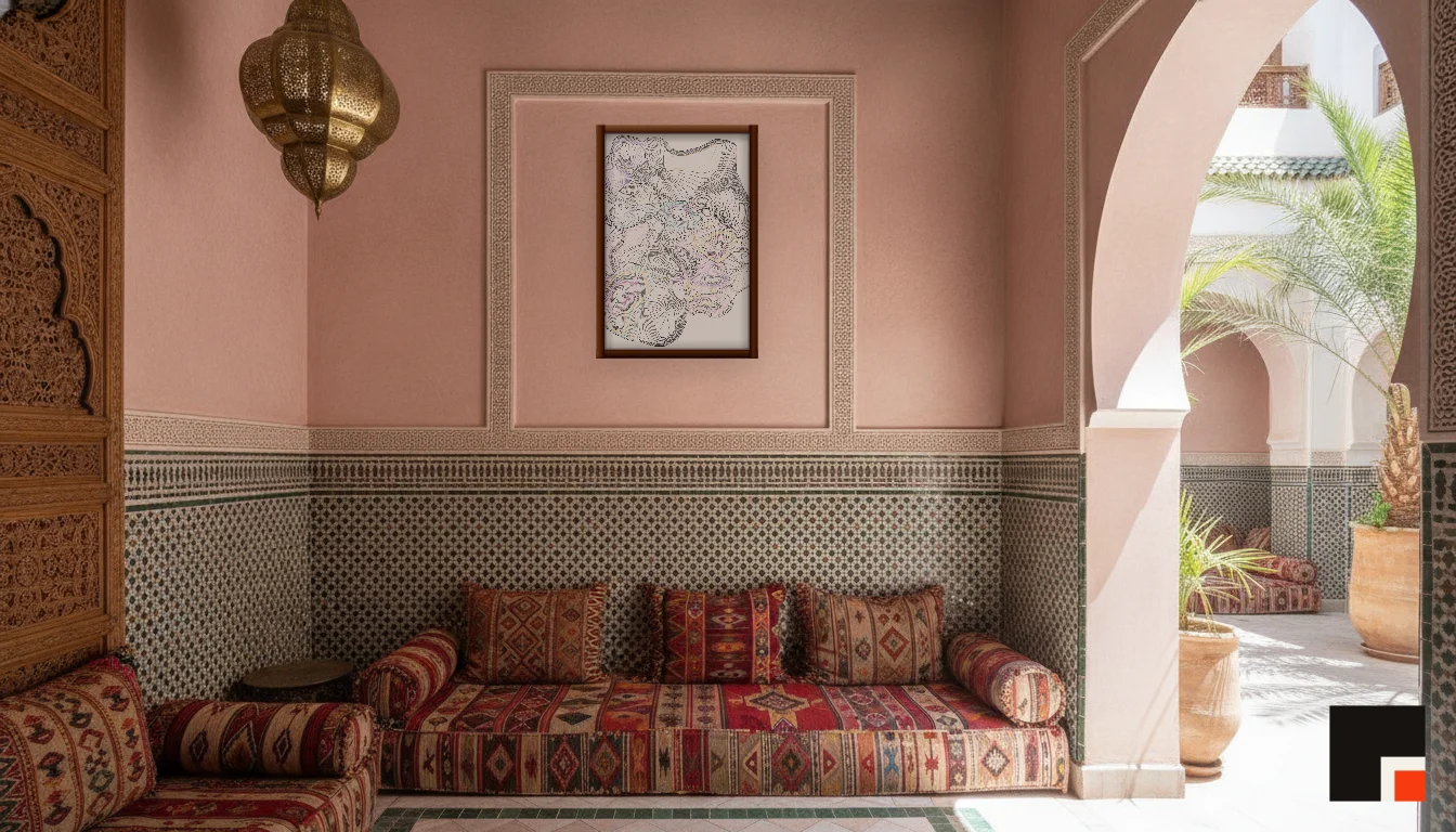 A Lumen & Logic artwork hanging in a Riad hotel interior — Courtyard salon · Marrakech