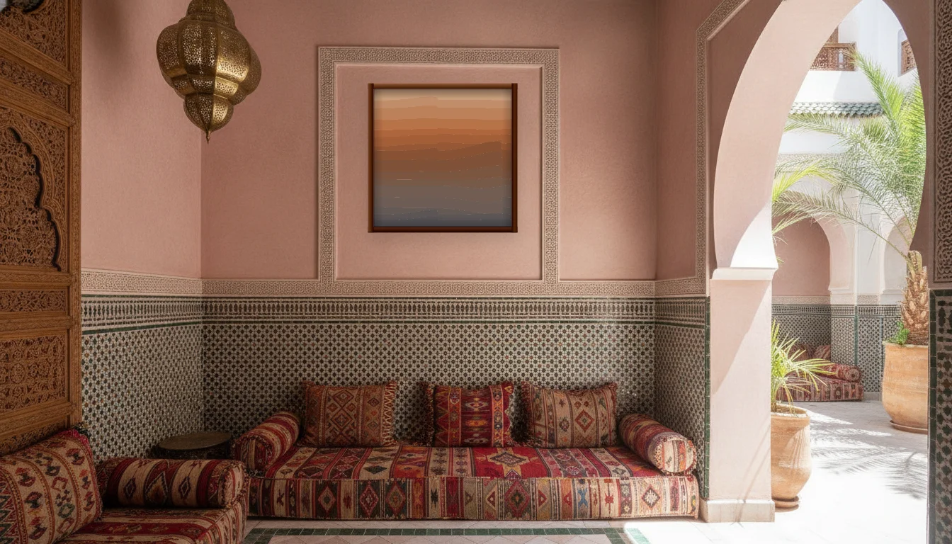 A Lumen & Logic artwork hanging in a Riad hotel interior — Courtyard salon · Marrakech