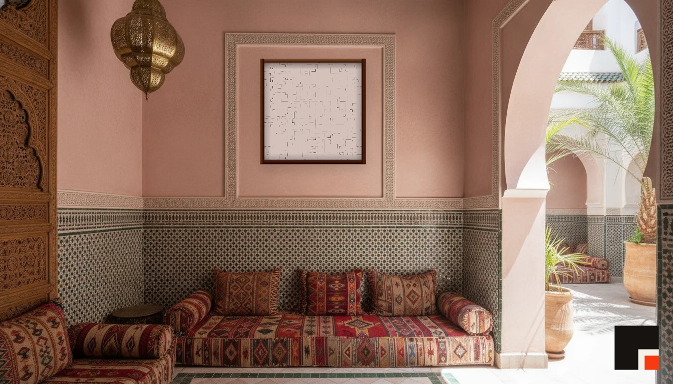 A Lumen & Logic artwork hanging in a Riad hotel interior — Courtyard salon · Marrakech