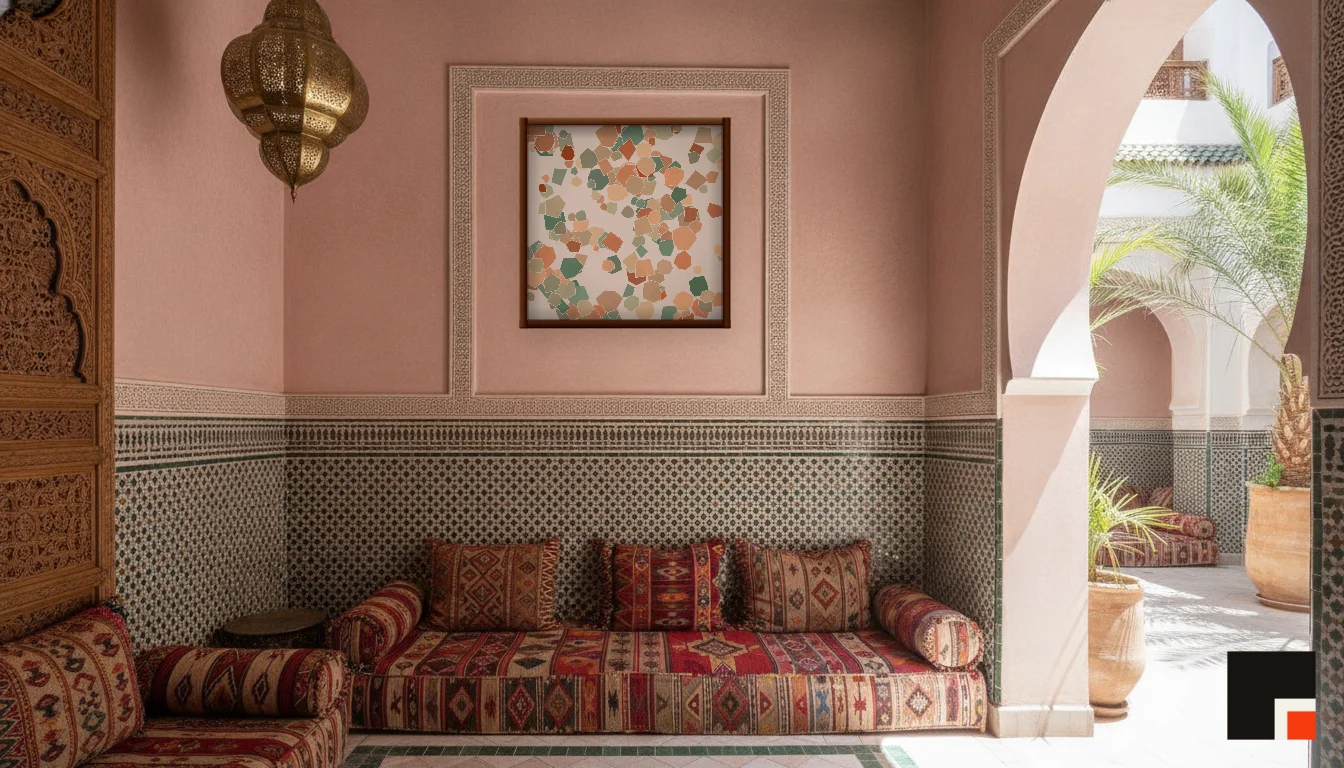 A Lumen & Logic artwork hanging in a Riad hotel interior — Courtyard salon · Marrakech