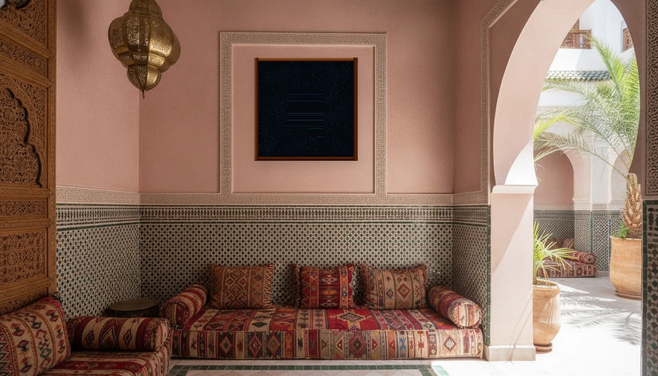 A Lumen & Logic artwork hanging in a Riad hotel interior — Courtyard salon · Marrakech