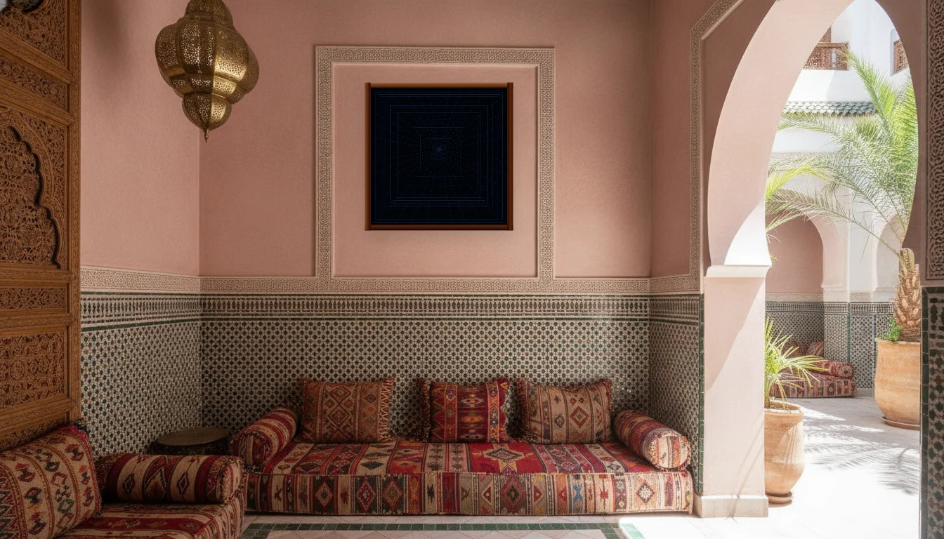 A Lumen & Logic artwork hanging in a Riad hotel interior — Courtyard salon · Marrakech