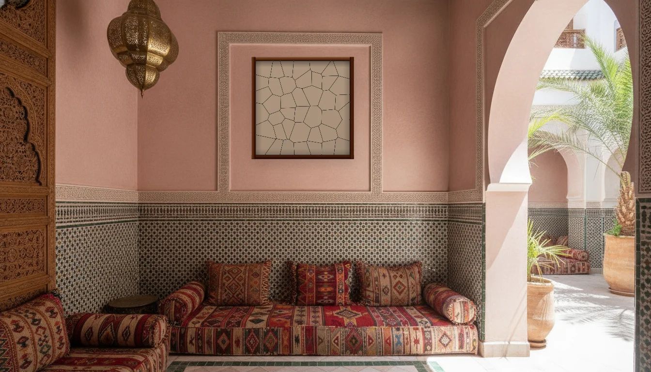 A Lumen & Logic artwork hanging in a Riad hotel interior — Courtyard salon · Marrakech