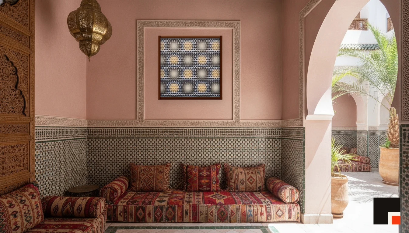A Lumen & Logic artwork hanging in a Riad hotel interior — Courtyard salon · Marrakech