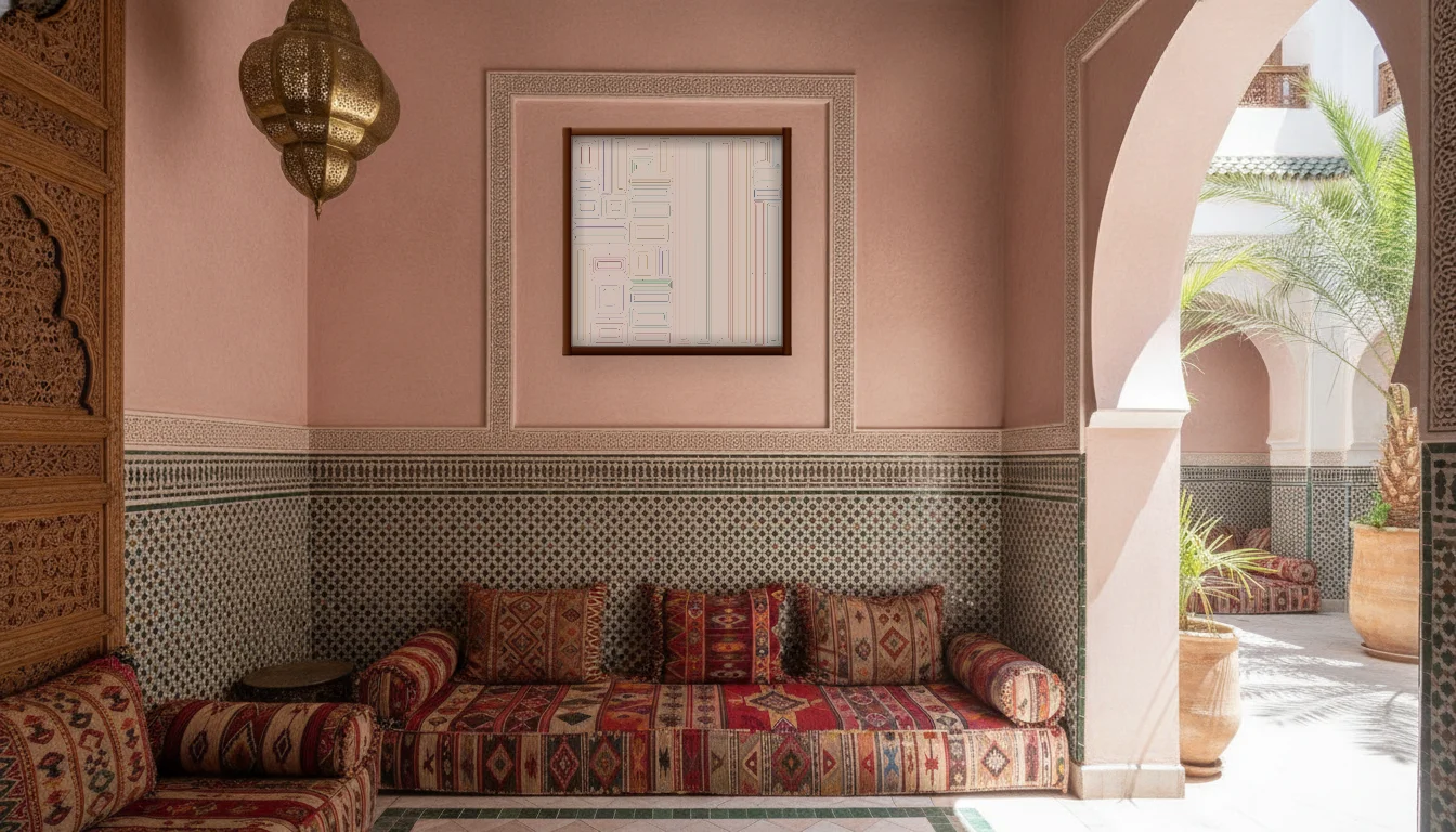 A Lumen & Logic artwork hanging in a Riad hotel interior — Courtyard salon · Marrakech