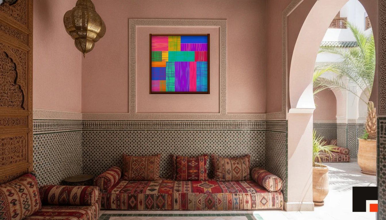 A Lumen & Logic artwork hanging in a Riad hotel interior — Courtyard salon · Marrakech