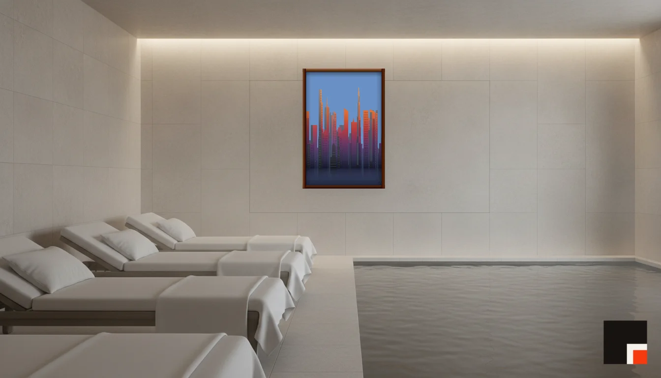 A Lumen & Logic artwork hanging in a Spa hotel interior — Relaxation room · Baden-Baden