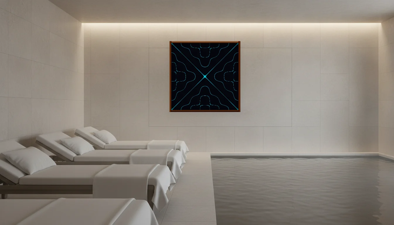 A Lumen & Logic artwork hanging in a Spa hotel interior — Relaxation room · Baden-Baden