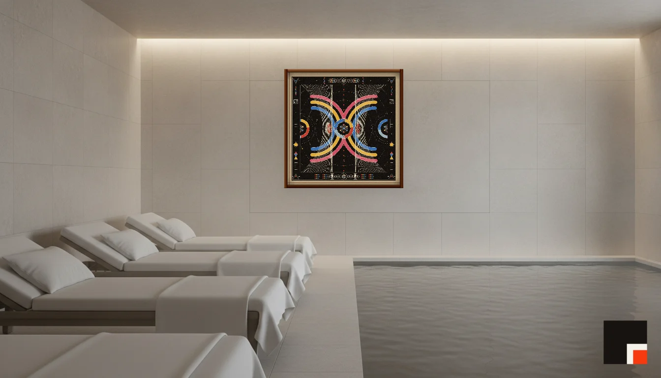 A Lumen & Logic artwork hanging in a Spa hotel interior — Relaxation room · Baden-Baden