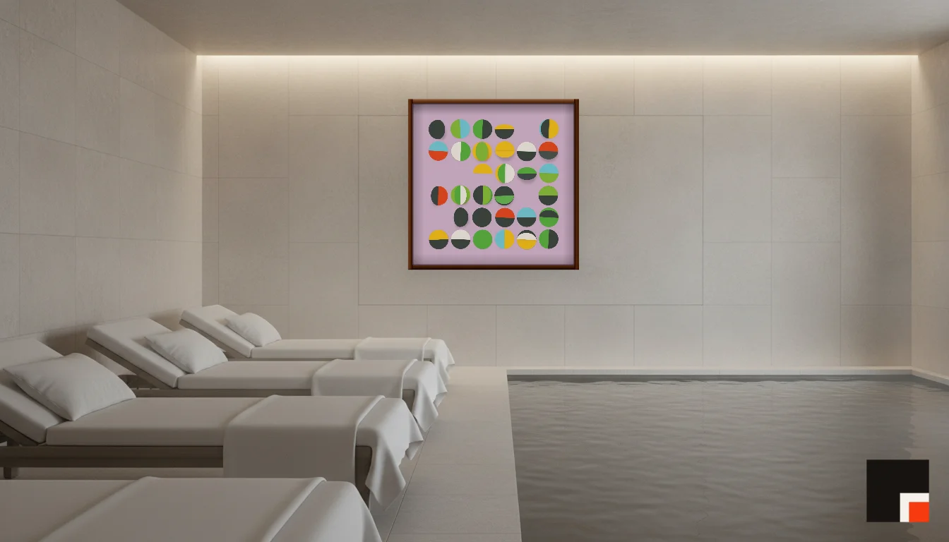 A Lumen & Logic artwork hanging in a Spa hotel interior — Relaxation room · Baden-Baden