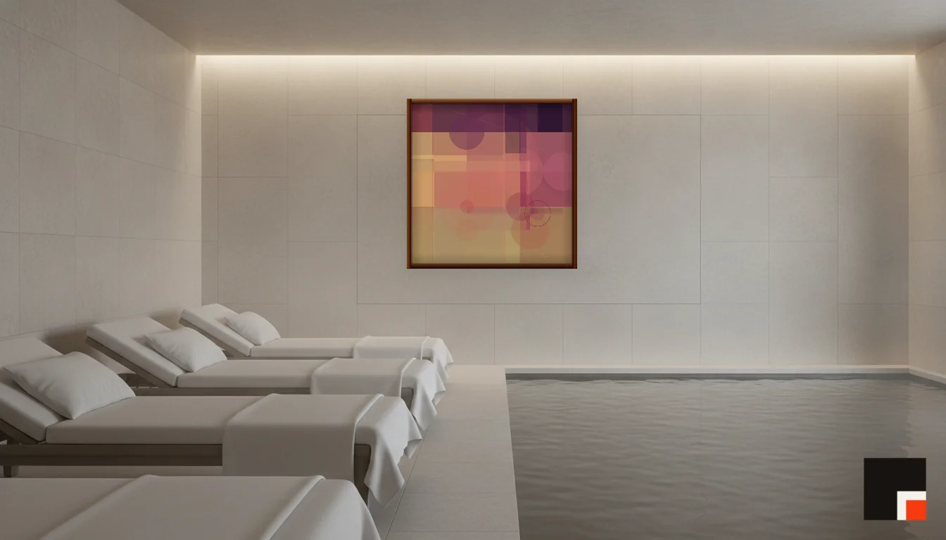 A Lumen & Logic artwork hanging in a Spa hotel interior — Relaxation room · Baden-Baden