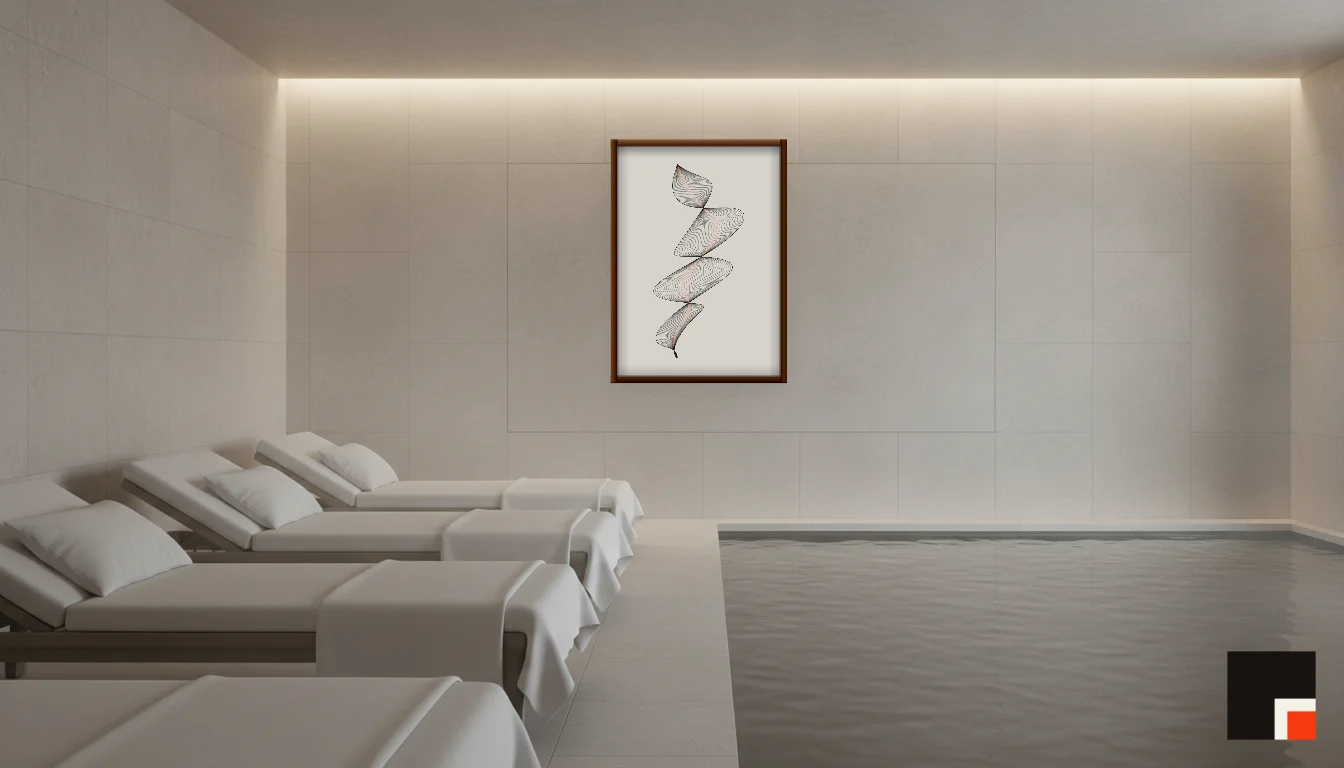 A Lumen & Logic artwork hanging in a Spa hotel interior — Relaxation room · Baden-Baden