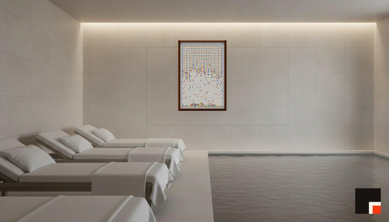 A Lumen & Logic artwork hanging in a Spa hotel interior — Relaxation room · Baden-Baden
