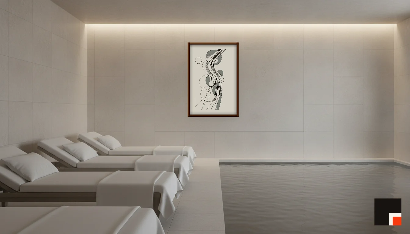 A Lumen & Logic artwork hanging in a Spa hotel interior — Relaxation room · Baden-Baden