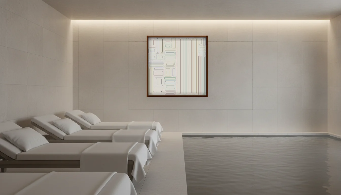 A Lumen & Logic artwork hanging in a Spa hotel interior — Relaxation room · Baden-Baden